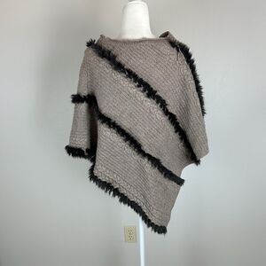 Cache Wool Angora Blend Cape Shawl Faux Fur Poncho Brown Cable Knit Wrap Preppy